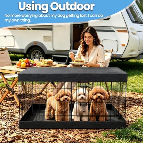 Dual design puppy play yard cover featuring half breathable mesh screen and half protective Oxford fabric.