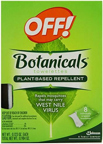 Individually wrapped OFF! Botanicals plant based bug wipes laid out on a clean surface showcasing travel friendly packaging.