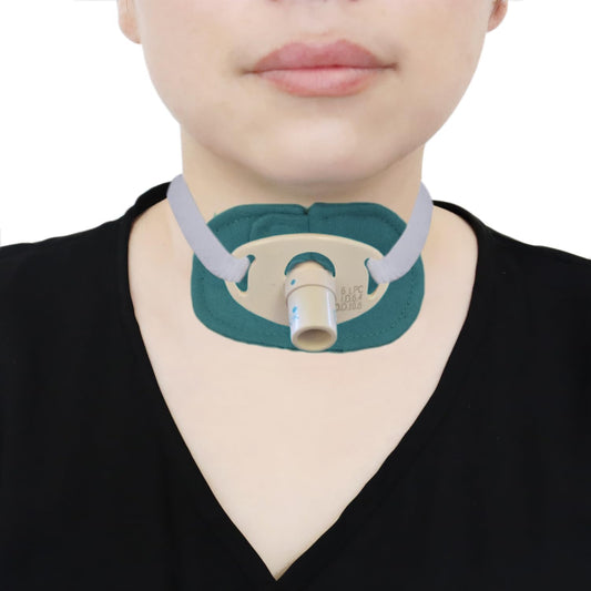Pinklilycare Reusable Trach Pads front view showing soft blue fabric for tracheostomy care.