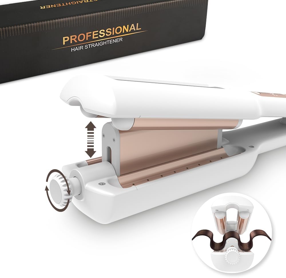 LESCOLTON automatic hair crimper front view showing the sleek white body and U-shaped barrel design.