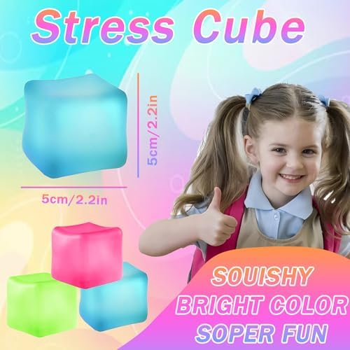 Hand squeezing a slow rising ice cube stress ball to demonstrate gel filled texture.