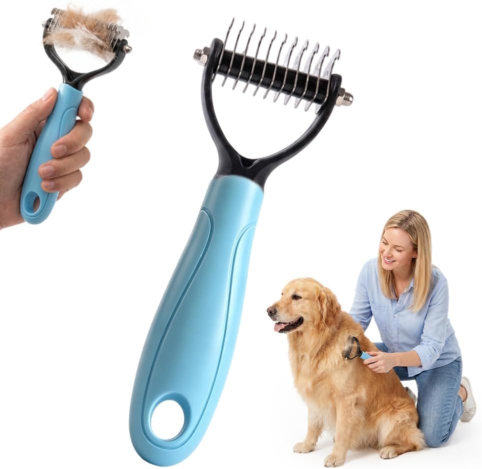 Double Sided Dematting Comb for Cats & Dogs, Professional Grooming Brush, Undercoat Rake with Ergonomic Grip, Safe Deshedding Tool for Long Thick Hair, Tangle Remover for Pets (Blue-L) - Image 9