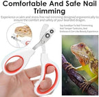 Quilax premium lizard nail clipper shown alongside a bearded dragon tank setup.