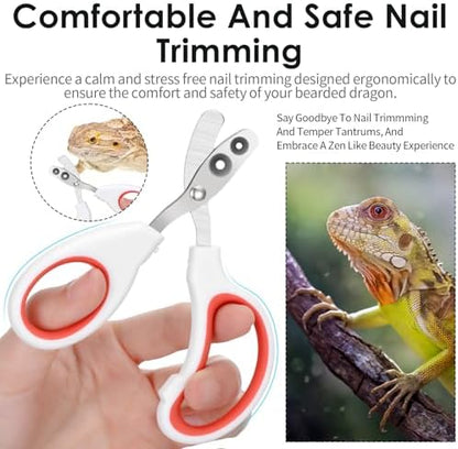 Quilax premium lizard nail clipper shown alongside a bearded dragon tank setup.