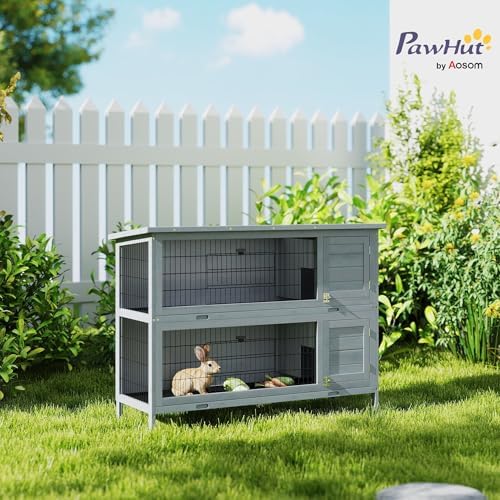 PawHut 54" 2-Story Large Rabbit Hutch Bunny Cage Wooden Pet House Small Animal Habitat with Lockable Doors, No Leak Tray and Waterproof Roof for Outdoor/Indoor Grey - Image 3