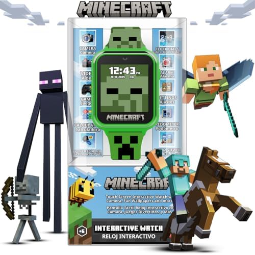 Accutime Minecraft interactive watch showcasing green camouflage silicone strap with iconic graphics.