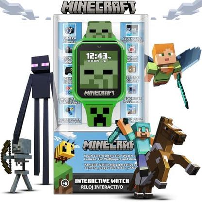 Accutime Minecraft interactive watch showcasing green camouflage silicone strap with iconic graphics.