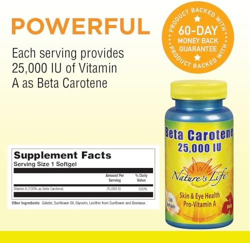 Nature's Life Beta Carotene 250 softgels packaging highlighting the high potency antioxidant formula