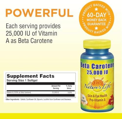 Nature's Life Beta Carotene 250 softgels packaging highlighting the high potency antioxidant formula