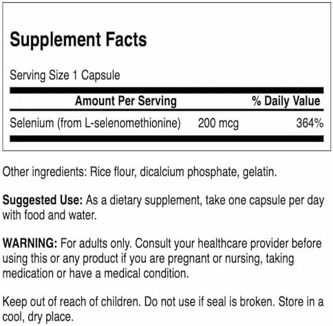 Swanson premium selenium mineral supplement capsule bottle showing supplement facts table.