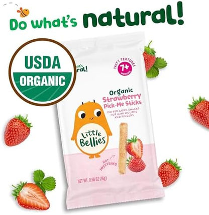 Organic puffed corn baby sticks with strawberry powder texture visualization close up view.