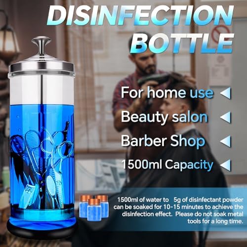 Close up of Zibarber glass jar for salon tool sterilization