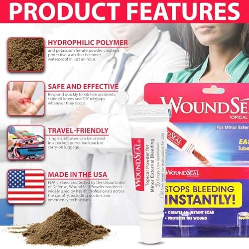 WoundSeal bleeding control powder box details showing how it stops bleeding instantly