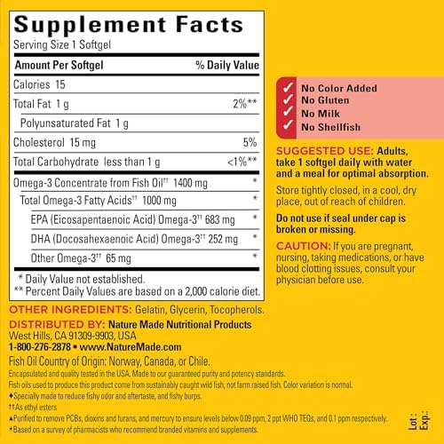 Nature Made Ultra Omega 3 Fish Oil 1400 Milligrams nutrition facts and active EPA DHA ingredient label