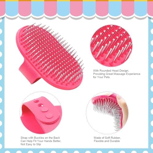 Pink silicone pet shampoo bath brush with adjustable hand strap.