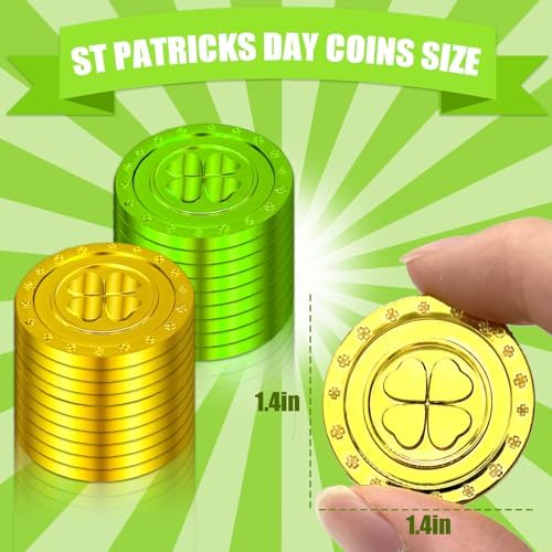 Close up of embossed lucky clover details on the metallic surface of the plastic party coins.