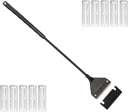 Vimvins aquarium algae scraper front view with long black handle and sharp blade.