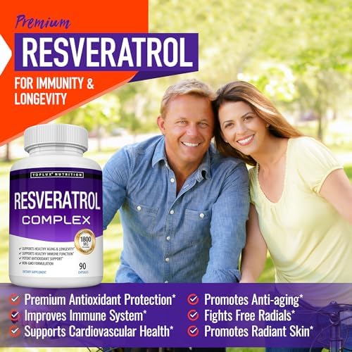 Toplux Resveratrol supplement capsule pills poured out next to the bottle