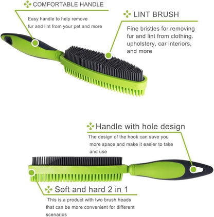 Rubber brush removing dog hair from couch fabric
