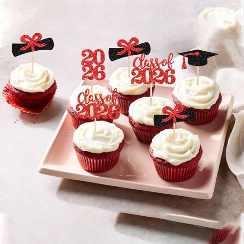 Detailed view of the red glitter 2026 graduation party picks.