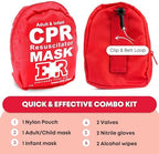 Open red first aid pouch showing gloves, prep pads, and CPR masks.