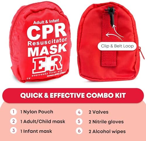 Open red first aid pouch showing gloves, prep pads, and CPR masks.