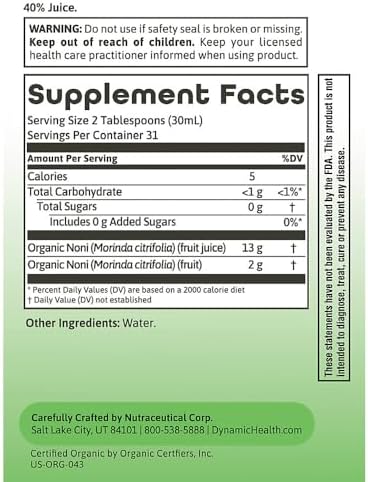 Dynamic Health Organic Noni Juice dietary supplement nutrition facts label view