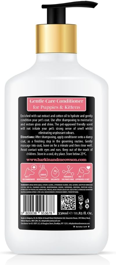 Barkin and Meowson pet conditioner packaging highlighting oat extract and cotton oil ingredients