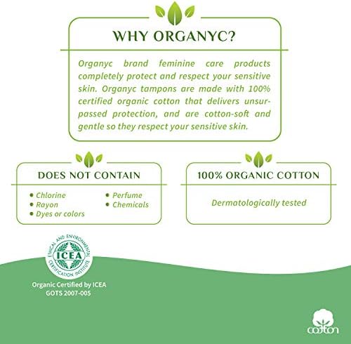 Side view of Organyc 16 count tampon box showing organic certifications.