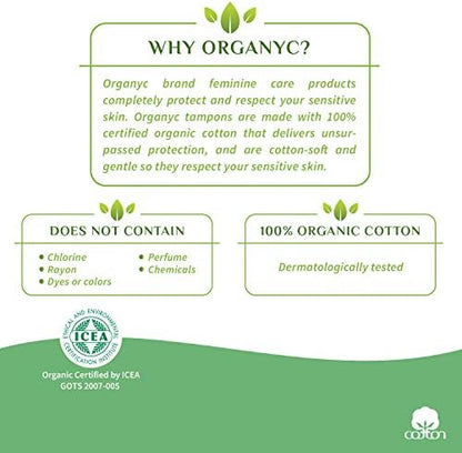 Side view of Organyc 16 count tampon box showing organic certifications.
