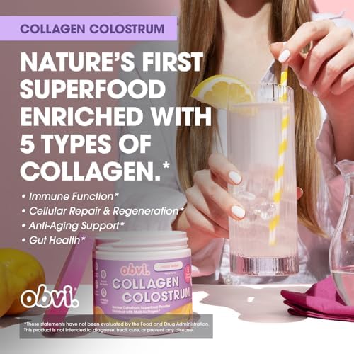 Obvi Collagen Colostrum powder lifestyle kitchen counter setting