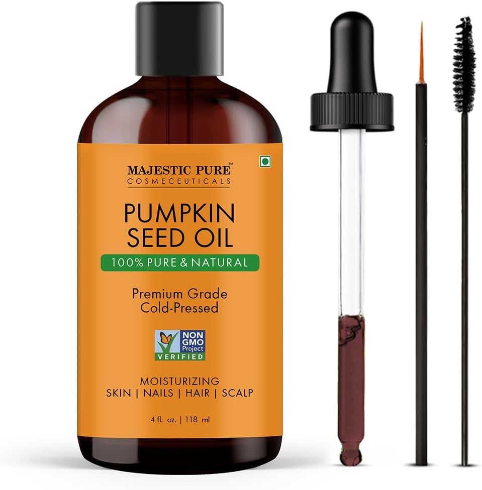 Majestic Pure Pumpkin Seed Oil 4 Fluid Ounce bottle front view for hair growth