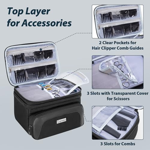CURMIO professional trimmer travel case top layer open displaying comb slots and zipper guard pockets