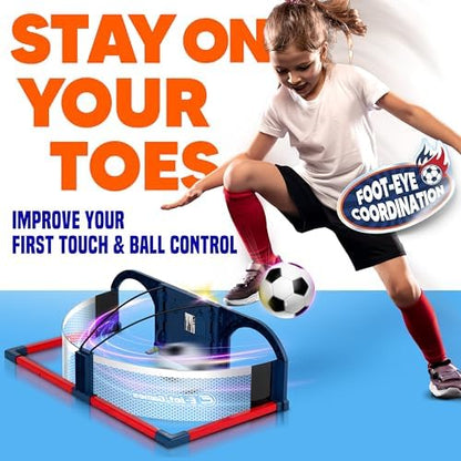 Close up view of the soft foam soccer ball included in the interactive football training game.