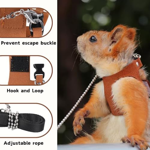 Premium brown leather harness for bearded dragons and squirrels showing safe neck and chest protection design.