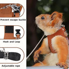 Premium brown leather harness for bearded dragons and squirrels showing safe neck and chest protection design.
