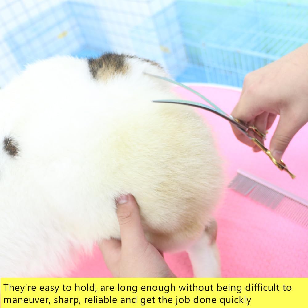 Ergonomic symmetrical craned handle on premium professional pet grooming scissors.