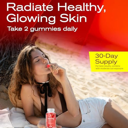 Top angle view of MuseBeam strawberry flavored dietary tanning chews bottle.