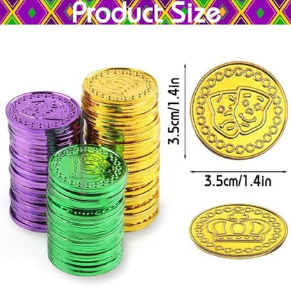 Close up of purple green and gold Mardi Gras coins