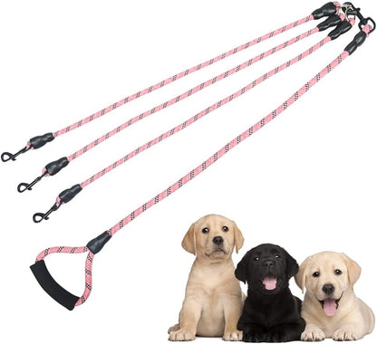 QINKOUDIH 3 way reflective heavy duty dog leash front view highlighting pink braided nylon rope.