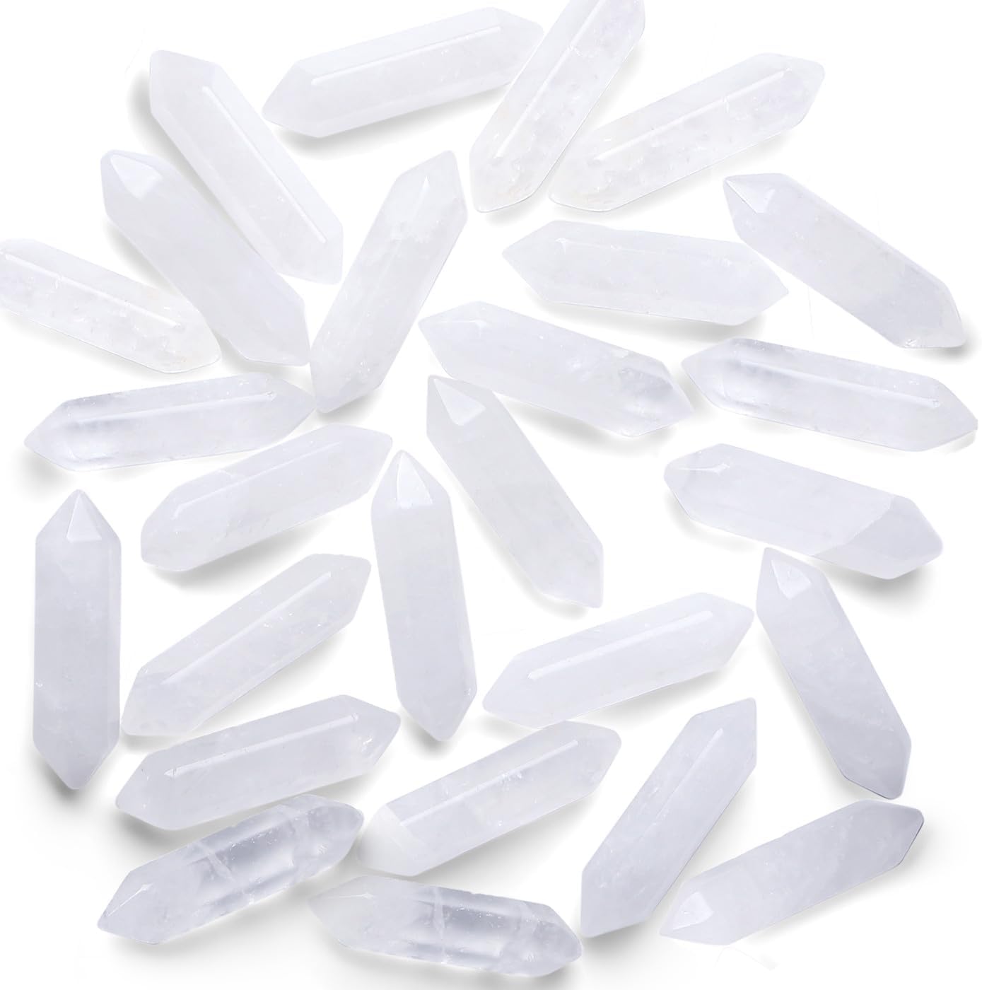 QINJIEJIE Clear Quartz Healing Crystal Wands front view set of ten stones.