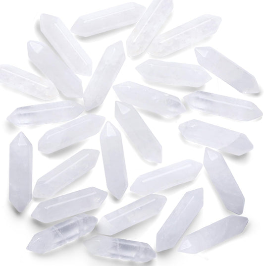 QINJIEJIE Clear Quartz Healing Crystal Wands front view set of ten stones.