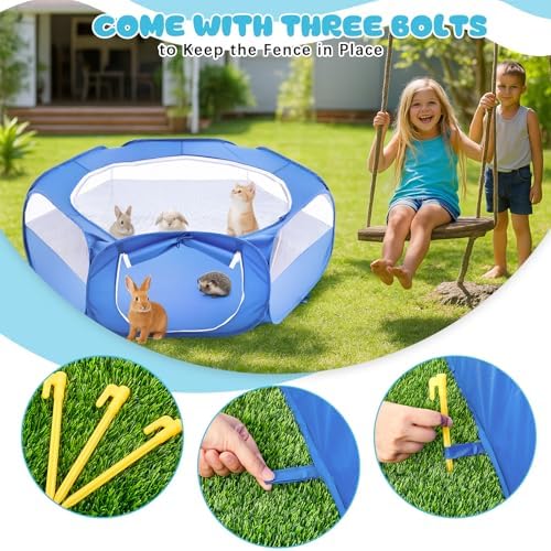 Small Animal Playpen & Grooming Kit, Portable Foldable Pet Playpen with Mesh Top for Rabbits, Guinea Pigs, Hamsters, Hedgehogs, Includes Feeding Bowls, Grooming Tools, and Bedding Mat, Blue - Image 7