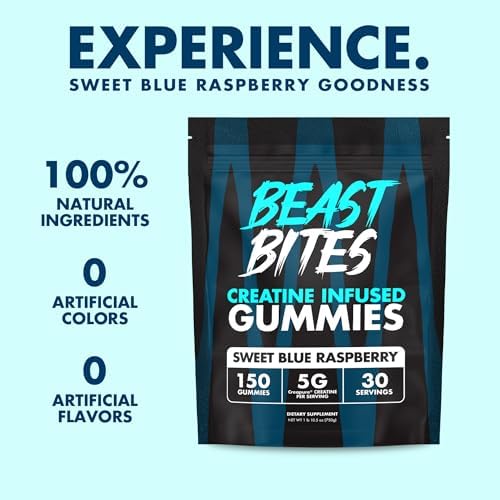 Close up of blue raspberry flavored creatine gummies