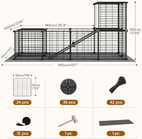 HOOBRO 24 Panels Guinea Pig Cage with Waterproof Mat and Ramp, 57" x 31.5" x 23.6" Loft Design Small Animal Playpen, Rabbit Cage, Bunny Cage, Pet Playpen, Indoor Outdoor Yard Fence, Black BK03PP03 - Image 5