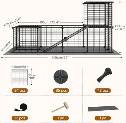HOOBRO 24 Panels Guinea Pig Cage with Waterproof Mat and Ramp, 57" x 31.5" x 23.6" Loft Design Small Animal Playpen, Rabbit Cage, Bunny Cage, Pet Playpen, Indoor Outdoor Yard Fence, Black BK03PP03 - Image 5