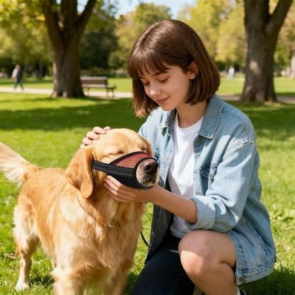 Dog being groomed while wearing soft mesh muzzle