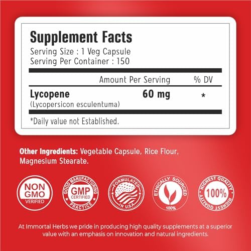 Immortal Herbs Lycopene supplement bottle showing nutritional facts label