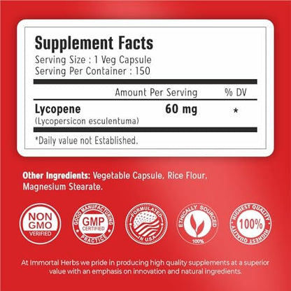 Immortal Herbs natural tomato extract 150 capsules nutritional label