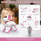 White and pink robot dog toy performing a handstand